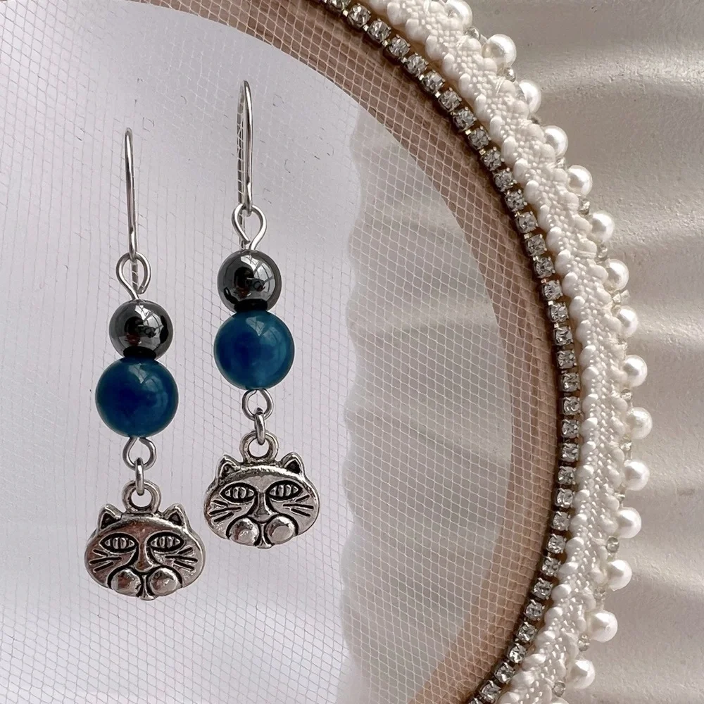 Dangle Earrings Hematite, Blue Jade and Cat Charms